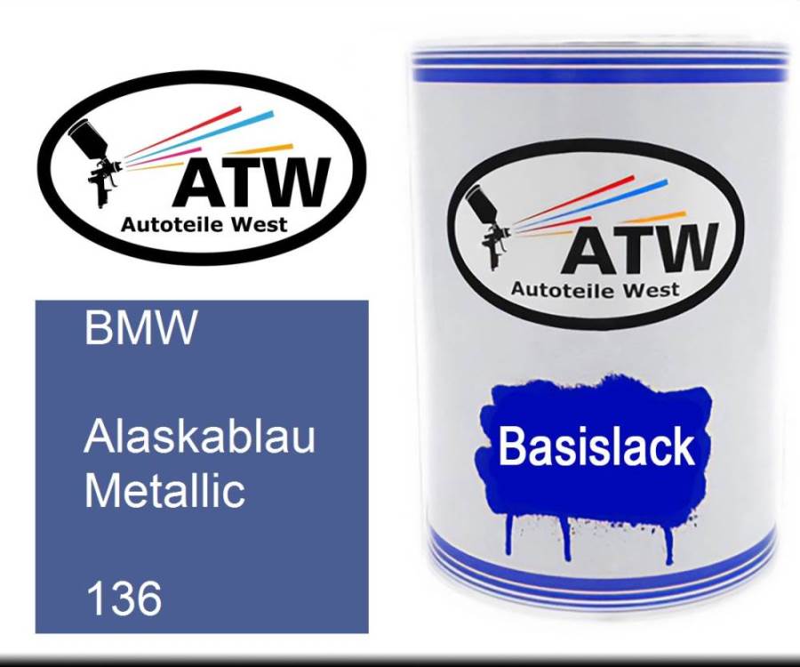 BMW, Alaskablau Metallic, 136: 500ml Lackdose, von ATW Autoteile West.